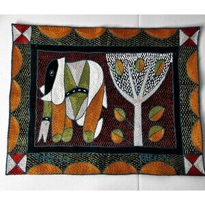 Kaross Elephant Hand Embroidered Tapestry South Africa 15" x 12"